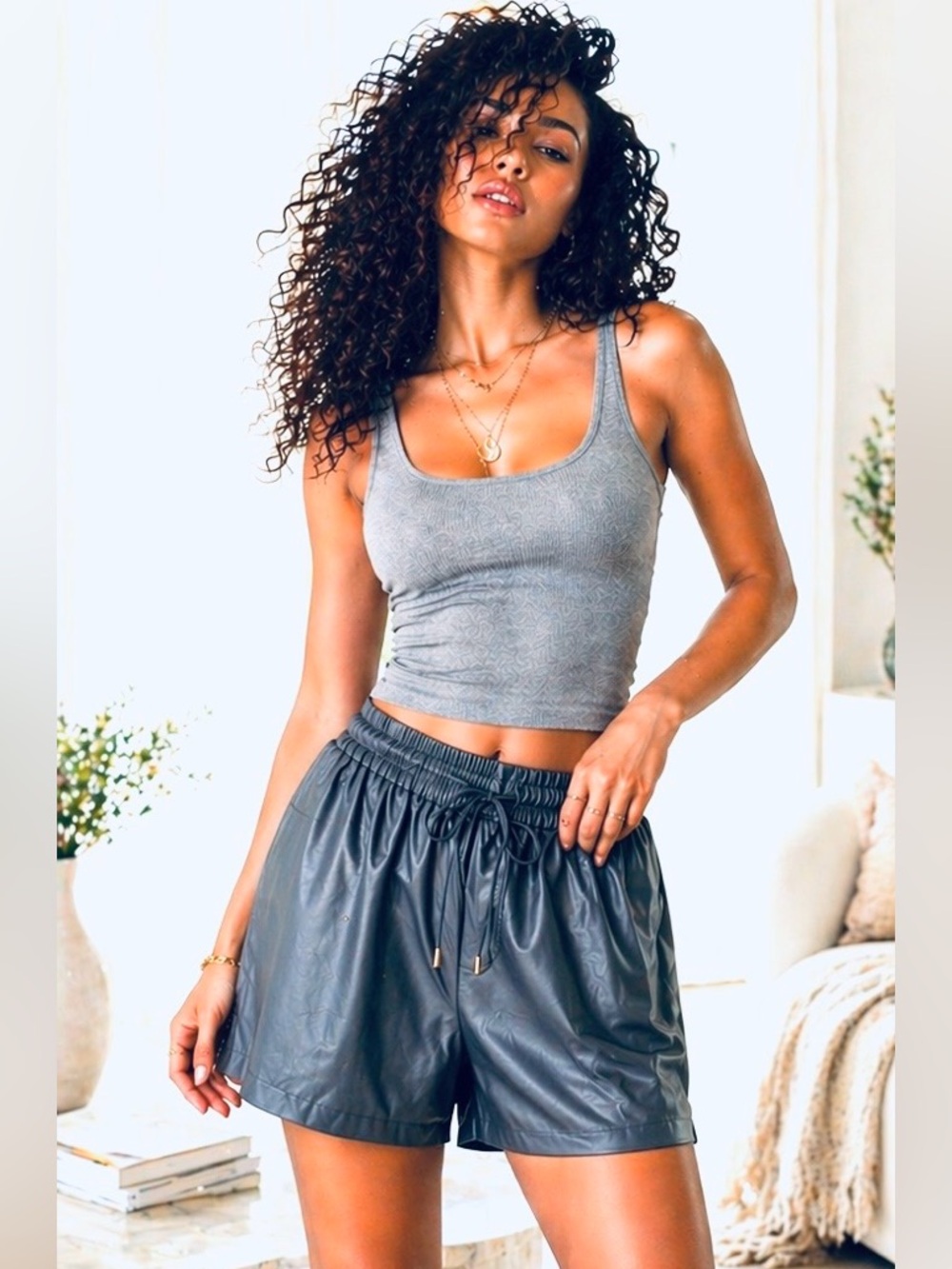 Olivaceous Dark Blue Gray Faux Leather Paperbag Shorts | High Waist Drawstring |